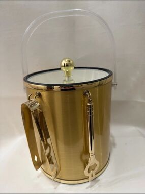 Gold Lucite Ice Bucket with Lid Tongs Bottle Opener 9 In Tall 7 1/2 In Round